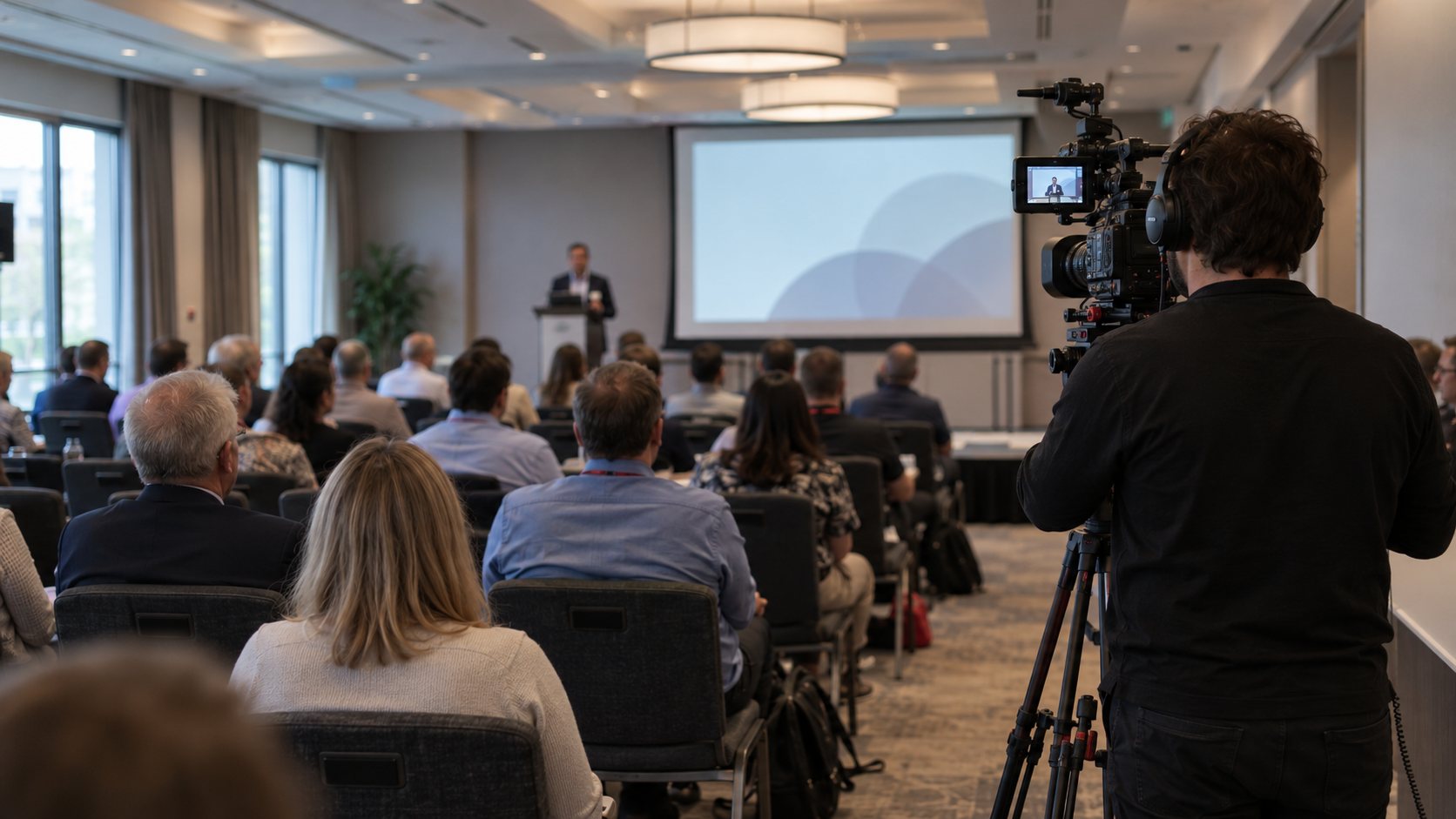 AI-generated illustration of a camera operator filming a corporate conference.