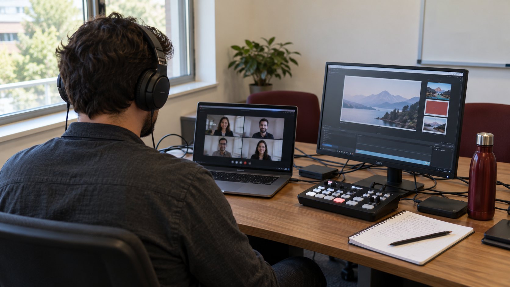AI-generated illustration of a technician managing a webinar from a desk.