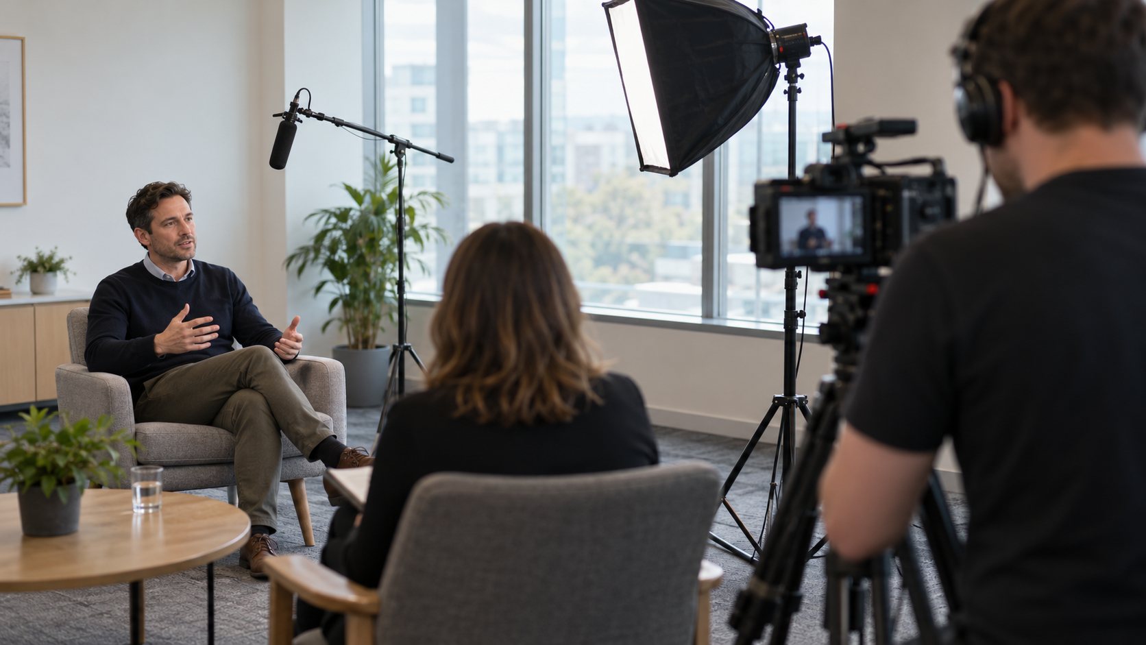 AI-generated illustration of a corporate interview filmed in an office.